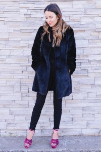 black faux fur coat outfit
