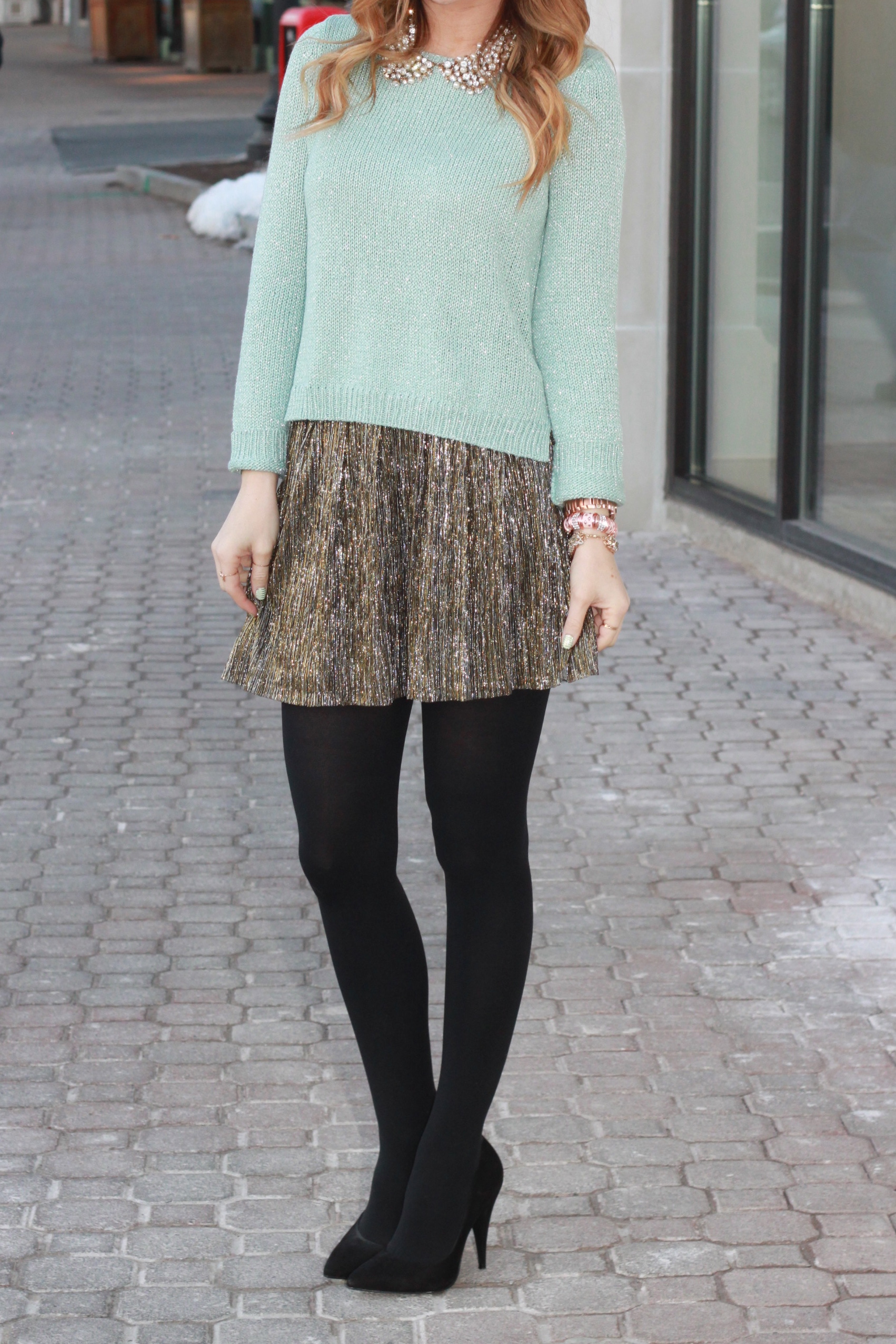 Mint Sweater // Metallic Skirt