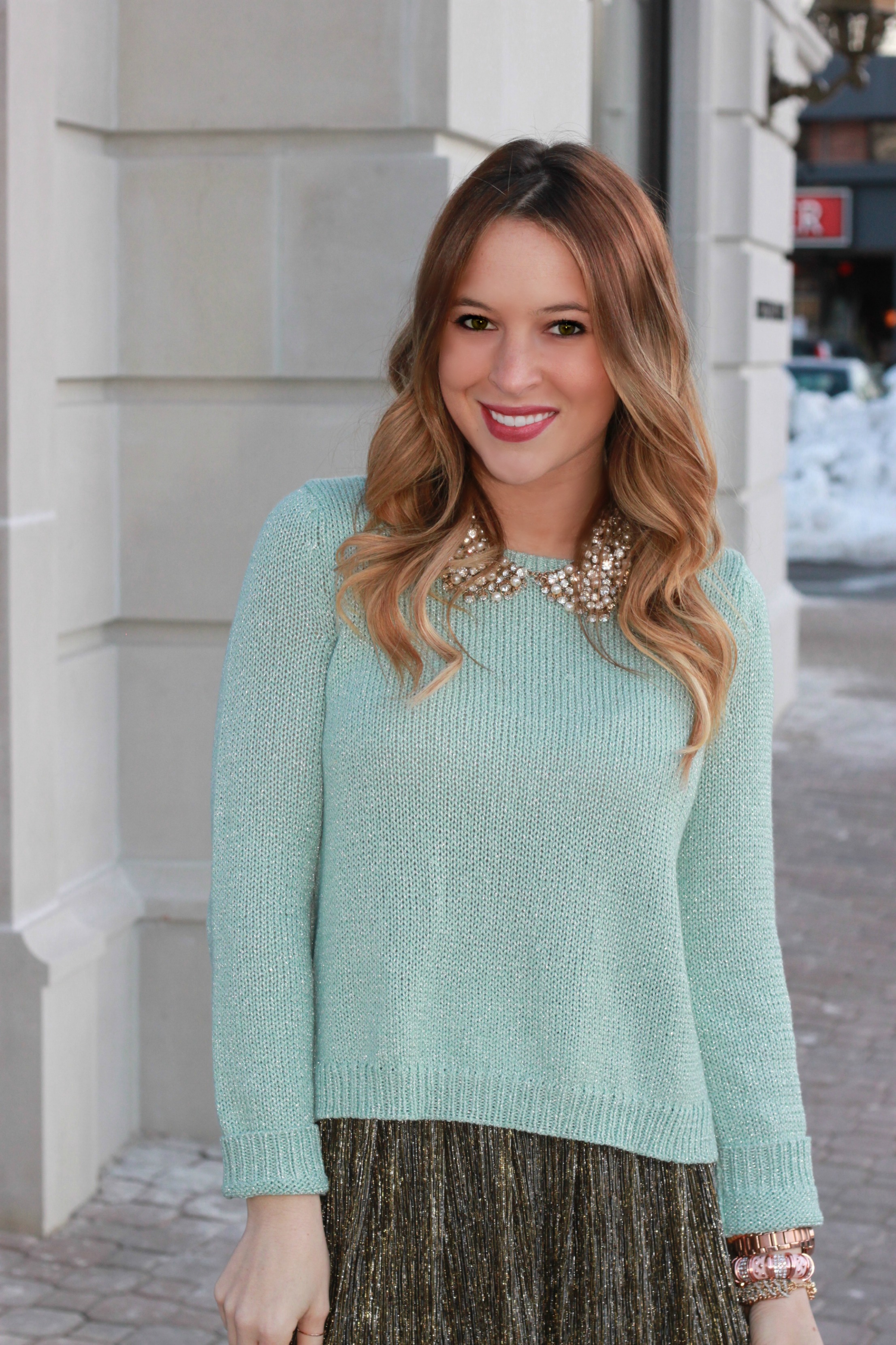 Mint Sweater // Metallic Skirt