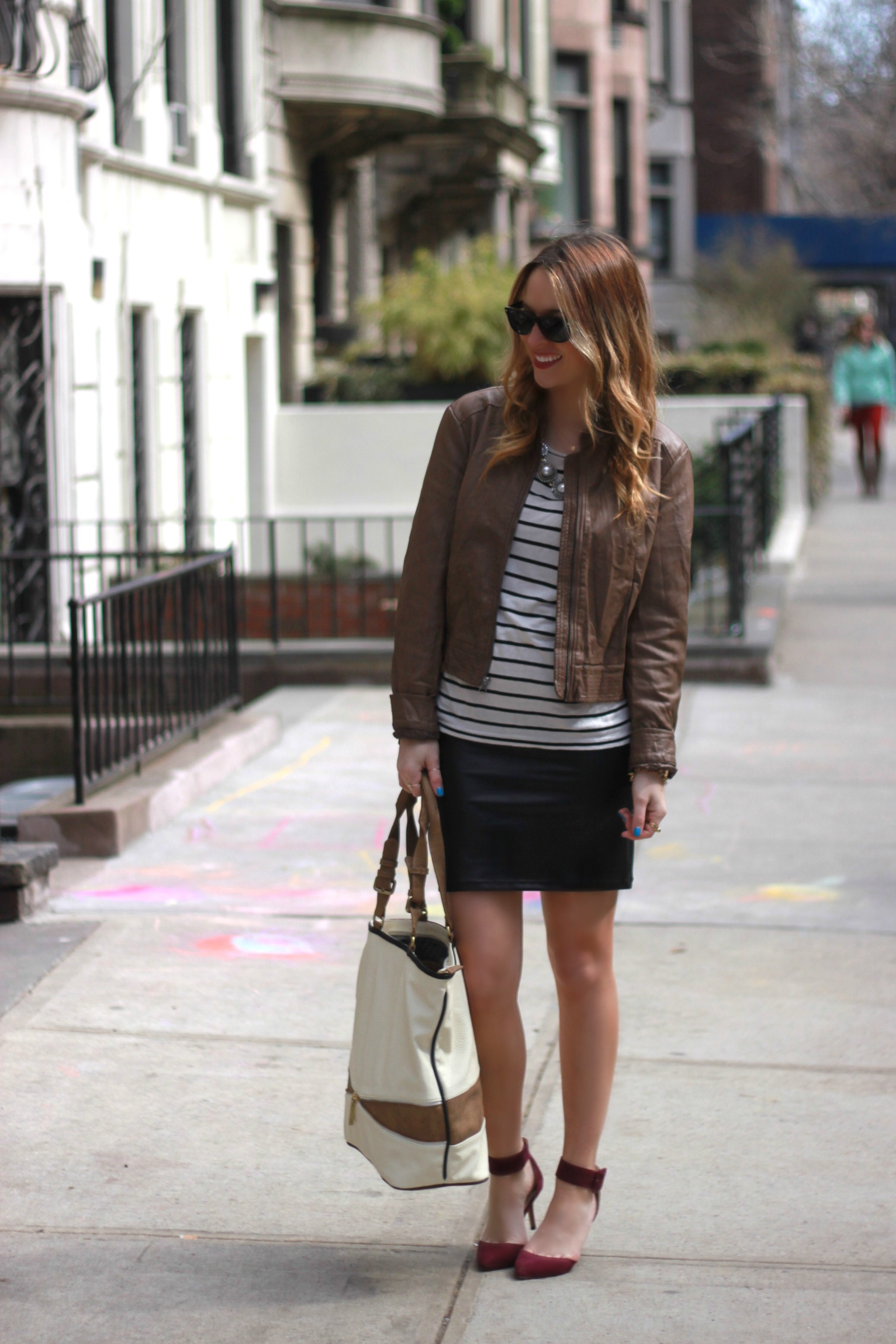 Stripe Shirt | Leather Skirt
