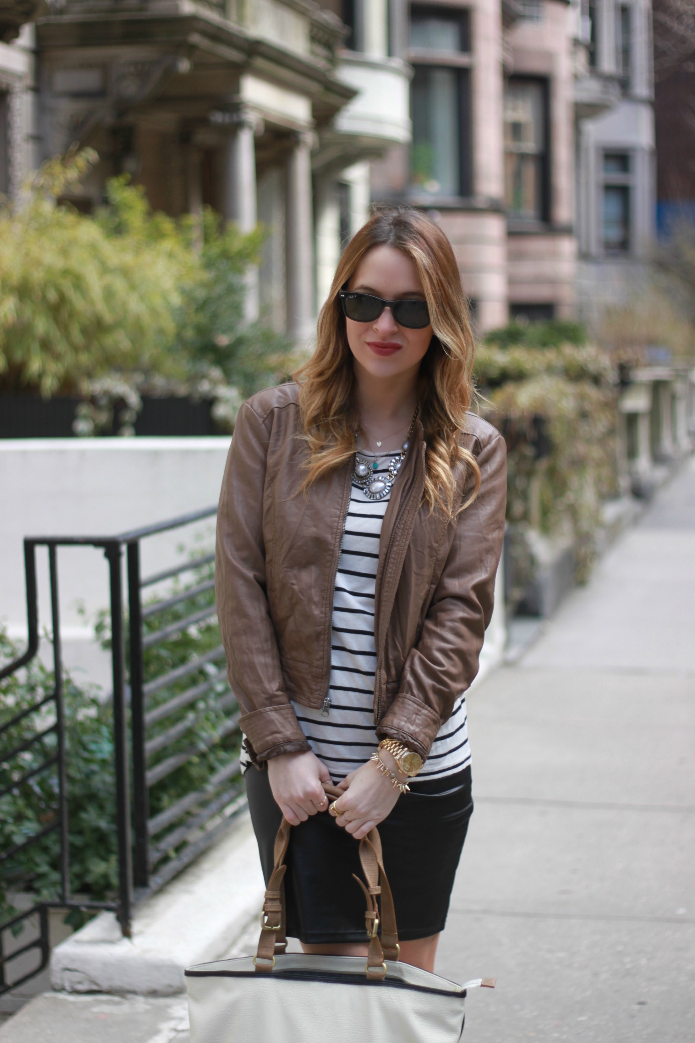 Stripe Shirt | Leather Skirt