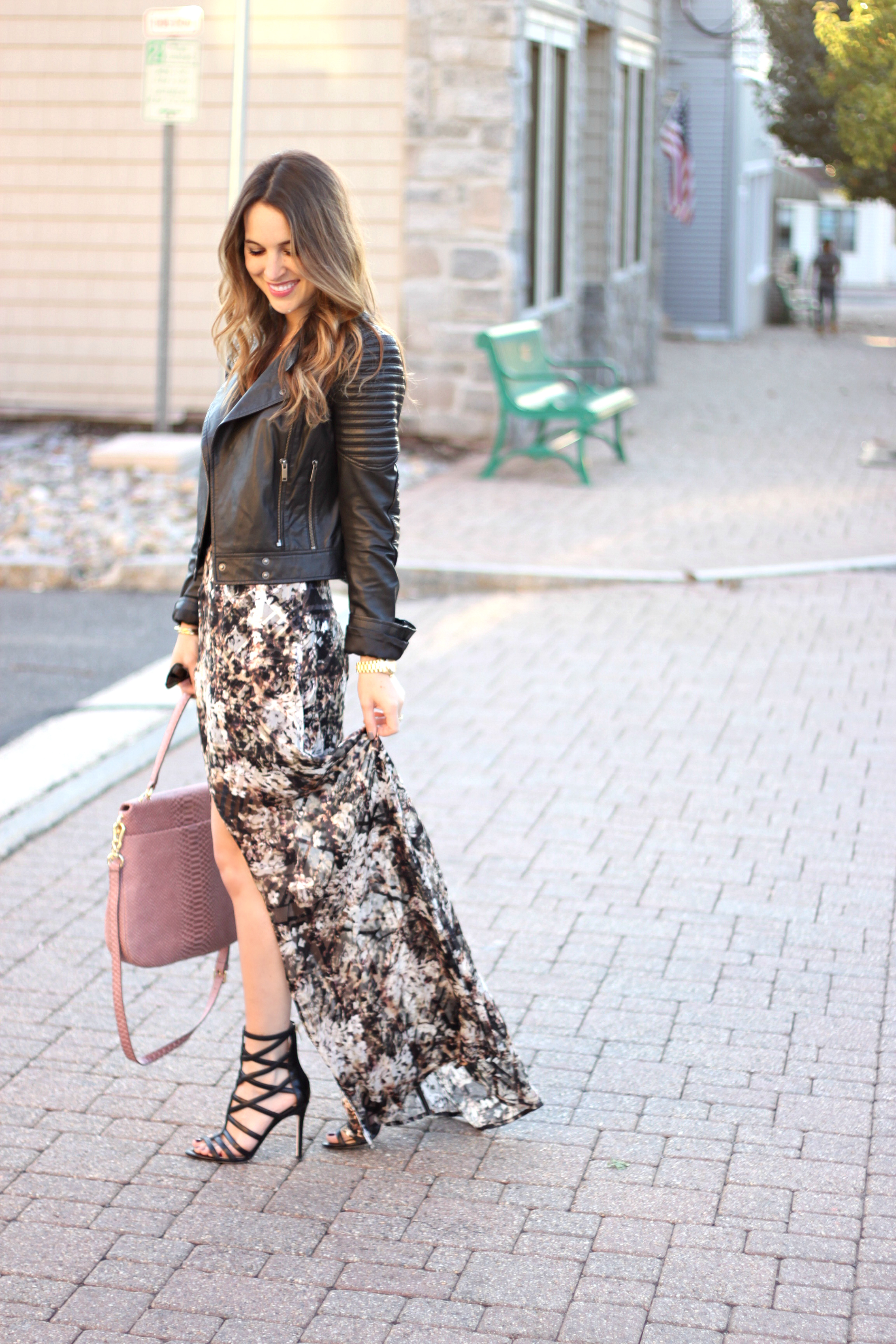 Oh So Glam: Maxi Dress and Leather Jacket