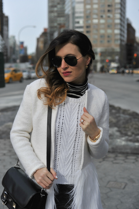 Sheinside  White Long Sleeve Contrast Faux Fur Woolen Coat
