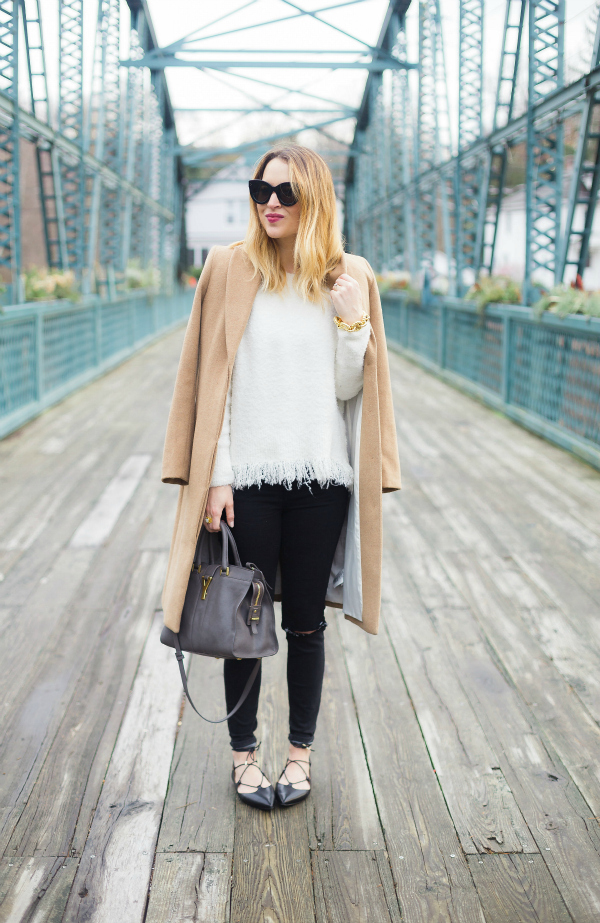 Camel Coat Black Jeans White Sweater Lace Up Flats