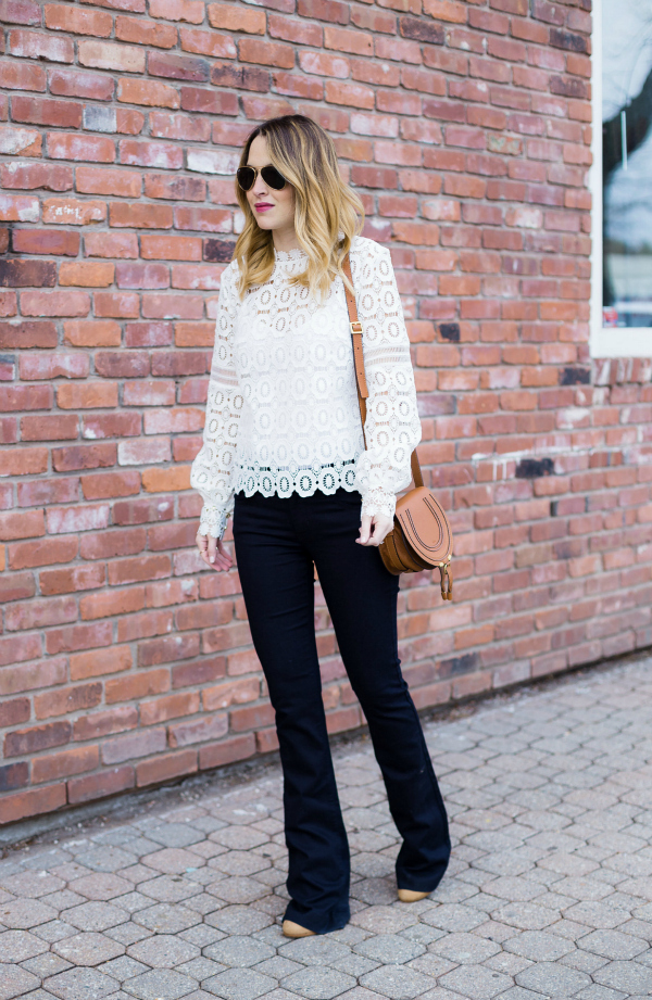 Self Portrait Crochet Top Flare Denim