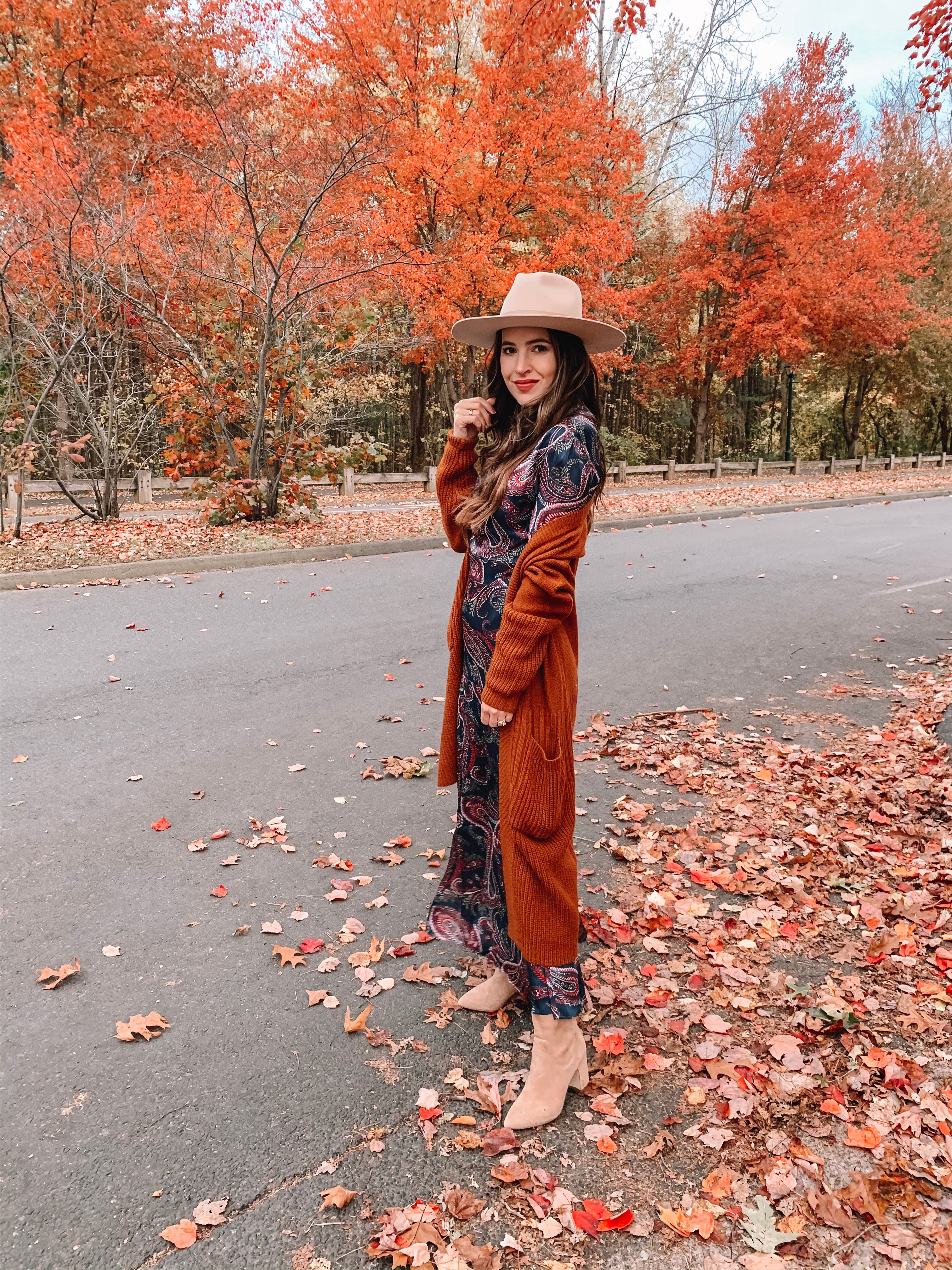 Fall Outfit: Printed Maxi Dress, Oversized Cardigan